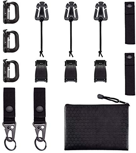 BOOSTEADY Kit of 13 Attachments for Molle Bag Tactical Backpack Vest Belt,D-Ring Grimloc Locking, Web Dominator Elastic Strings & Buckle,4 MOD Straps,Key Ring Holder in Zippered Pouch