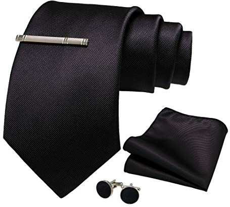JEMYGINS 9cm Breit Extra lang Krawatte Herren Schwarz in Seide Geeigneter Hochzeit Fest und Einstecktuch Krawattenklammer Set(3)