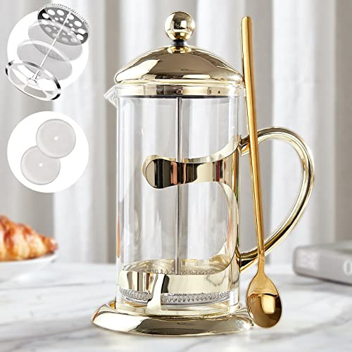 DUJUST French Press Kaffeepressen [1L] mit 304 Edelstahllöffel, Luxuriöses Gold Design Kaffeemaschine, 4-stufigem Filtersystem, Hochwertiges Glas für Hitze & Kältebeständigkeit, Bleifrei & BPA-frei