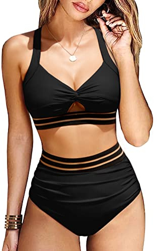 UMIPUBO Costume da Bagno Donna A Vita Alta Due Pezzi Bikini Set Sportivo Scollo a V Bikini Top Sexy Push up Imbottito Reggiseno Costumi da Mare Beachwear Swimwear Abiti da Spiaggia (Nero, XXL)