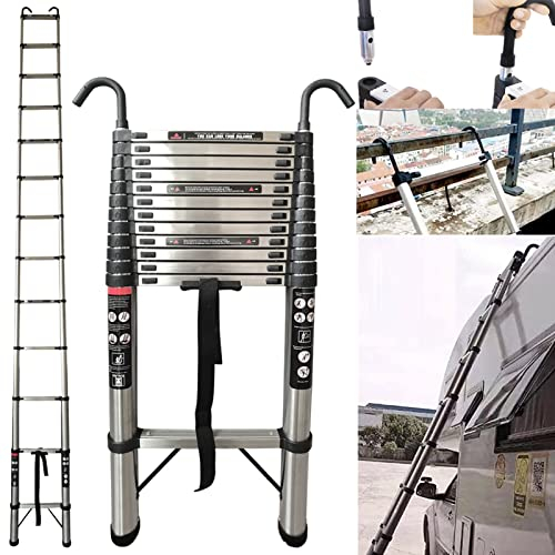 Échelle Télescopique en Acier Inoxydable 5 m - Échelle de Toit Extensible 12 Marches avec Crochets, Pliable Portable pour Grenier