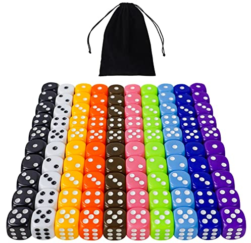6-seitiger Würfelsatz 100 Stück 16mm undurchsichtige Acrylwürfel für Brettspiele, Würfelspiele, Mathematikspiele, mit kostenlosem Samtbeutel, 10 Farben (100 Stück 16mm Unifarben)
