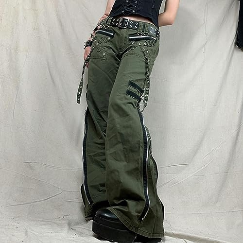 WEITING Pantalones De Mujer Goth Punk Sueltos Retro Kawaii Pantalones Vendaje De Tiro Bajo Pantalones Cargo Grunge Verde Cremallera Jeans Pantalones De Chándal Coreanos-Verde-M