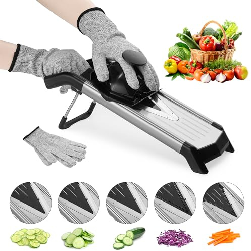 Supernal 5-in-1 Adjustable Mandoline Slicer for Kitchen,Stainless Steel Vegetable Cutter with Cut-Resistant Gloves,Safe & Durable Mandolin Slicer for Potato,Tomato,Carrot,Onion,and More