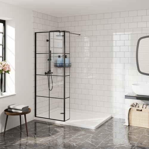 Aquariss 900mm Walk in Wet Room Shower Enclosure 8mm Clear with Grid Easy Clean Glass Screen Panel with 215mm Return Panel Black Framed