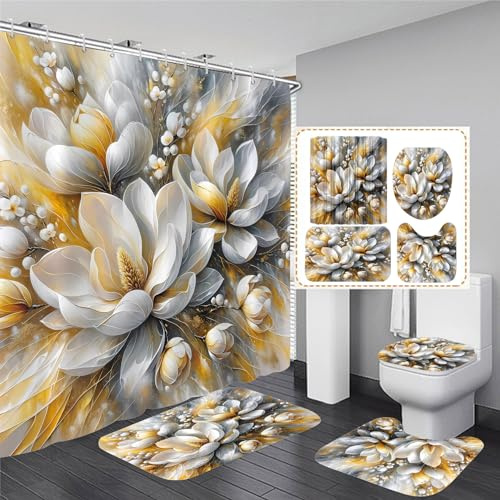 Pretyw 4-delad magnolia blommor duschdraperi set drömmande skönhet badrum tillbehör set med duschdraperi och mattor, guld vit och grå badgardin med krokar för heminredning