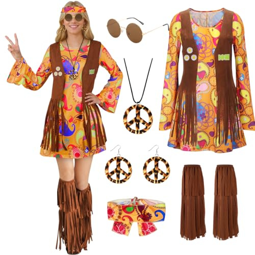 TOLOYE 70-tal maskeradklänning kvinnor, hippie-kostym outfit med frans väst boho pannband halsband set, 60-tal disco maskeradklänning, 1970-tals retro hippieklänning hippie kläder för karneval cosplay