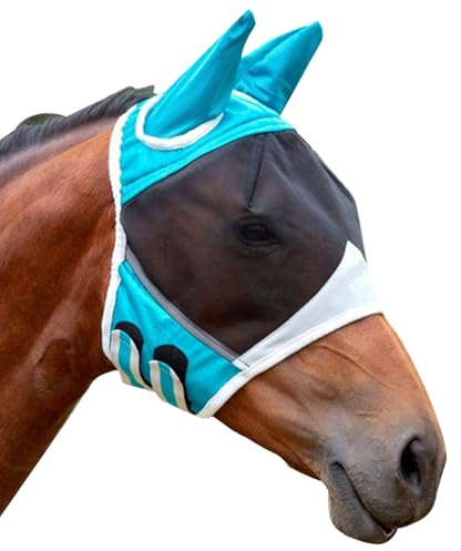 DKDDSSS Fliegenmaske Pferd: Hochwertige Fliegenhaube für Pferde UV-Schutz & Stretch Fliegenmaske Pferd Cob & Pony Fliegenschutz für Pferde - Blau