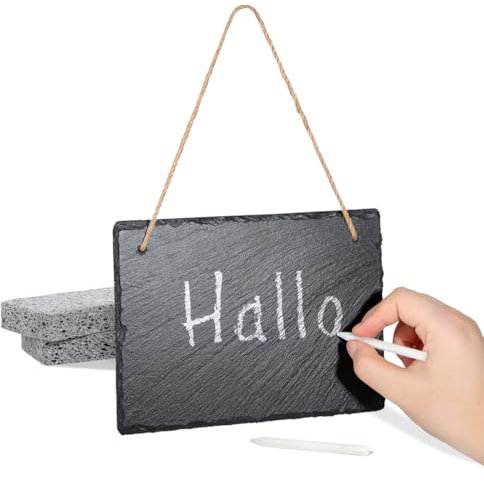 Lavagna in ardesia per scrivere e appendere, piastra in ardesia 20 x 15 cm, con gesso e 2 spugne, piccola lavagna da parete per cucina, parete, giardino