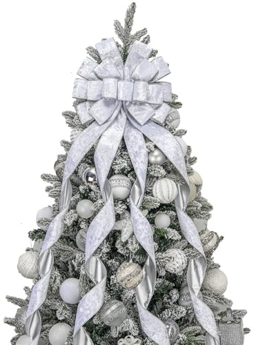 BUVANE Christmas Tree Topper,48x13 Inches Velvet Toppers Bow,Large Decorative Bows for Christmas Decoration (Silver)