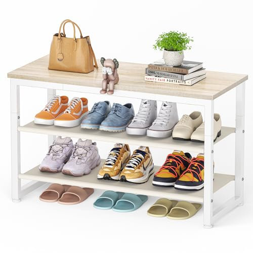 HOMIDEC Schuhregal mit 3 Ebenen, Schuhbank mit Holzplatte, Schuhregal mit Sitzbank, Regal Vliesstoff, für Eingangsbereich, Flur, Wohnzimmer, Tragkraft 150KG, Weiß