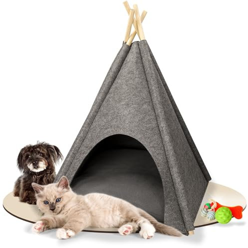 Katzenhöhle & Hundehöhle für kleine Hunde - bequemes Indoor & Outdoor Tipi Zelt aus Filz - Kuschelhöhle Katze & Hund - Katzenbett inkl. Kissen - Geschenkidee für Tiere, Farbe:grau/dunkelgrau