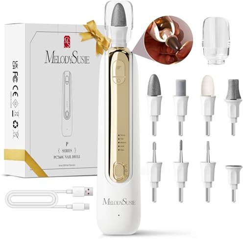 Melodysusie Electric Manicure and Pedicure Kits with 8 Drill Bits PC760G Portable Rechargeable Electric Foot File with 5 Modes Professional Nail File with Led Light Toenail File for Thick Nails (Gold)