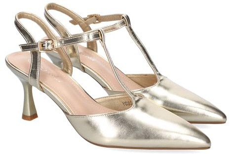 92302 Zapatos de Tacon Fino para Mujer, Elegantes, Punta Fina, Diseno Moderno con Tira en el Empeine y Cierre de Hebilla, Ideales para Primavera-Verano. Oro Talla 36