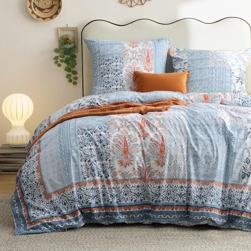BEDSURE Bettwäsche 155x220 Baumwolle Bettbezug - Blau Boho Muster Bettwäsche-Sets 155 x 220 cm 3teilig mit 2 Kissenbezüge 80x80 cm, ÖKO-TEX Wendebettwäsche Bedding mit Reißverschluss