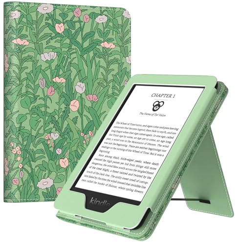 MoKo Case for All-New 6 Kindle(11th Generation, 2024/2022 Release)/(10th Gen,2019)/Kindle(8th Gen, 2016), Ultra Lightweight PU Shell Cover with Auto Wake/Sleep for Kindle 2024, Green Flower