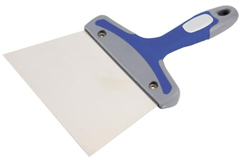 Espátula de acero inoxidable 120 mm con mango bimaterial, ideal para aplicar y alisar masillas y adhesivos en superficies.