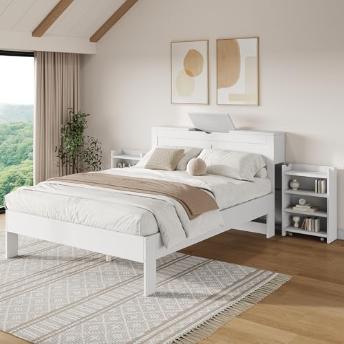 Cama de madera, 140 x 200 cm, color blanco, cama doble, con somier y cabecero, con 2 mesitas de noche extensibles, espacio de almacenamiento en la cabecera, fácil montaje