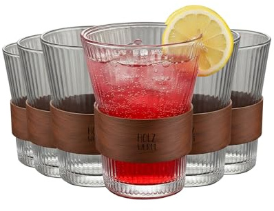 Holzwurm Set di 6 bicchieri da acqua, 230 ml, scanalati con rivestimento in legno di noce, bicchieri da latte macchiato, bicchieri da matcha, bicchieri da cocktail eleganti per casa o ufficio