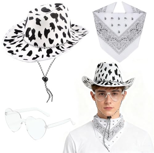 CLKDPNO Western Cowboy Hat, Wide Edge Western Felt Outdoor Hat with Bandanna and Heart Glasses, Suitable for Men and Women, Classic Cowboy Party Hat Photo Costume Dress Up, Bachelorette Theme Party