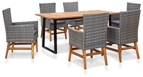 QJBSAVVA Gruppo da giardino in rattan sintetico, 7 pezzi, tavolo in legno di acacacia, 160 x 80 x 74 cm, sedie pieghevoli con cuscino da 5 cm, terrazza, balcone