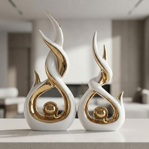 LCCCK Juego de 2 esculturas abstractas de cerámica blanca y dorada, modernas, galvanizadas, estatuas decorativas para sala de estar, estante, mesa, decoración del hogar, regalo de inauguración de la