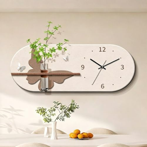 Modern 3D LED sandstens väggkonst med tyst klocka, vattenförrådsvas för gröna växter, kreativ dekor för matsal och vardagsrum(D,80 * 32cm/31.5 * 12.5in)