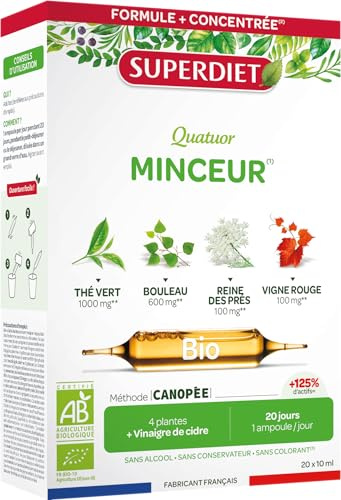 SUPERDIET – QUATUOR MINCEUR BIO – Thé Vert, Bouleau, Reine des Prés, Vigne Rouge – Fabrication française – 4 plantes + Vinaigre de cidre – 20 ampoules de 10 ml