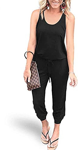 REORIA Women Summer Stretchy Sleeveless Jersey Jumpsuits Elastic Waist Loose Jumpsuit Vacation Rompers with Pockets Black Small