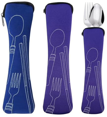 SwirlColor Porta Cubiertos, 2 Piezas Larga Vacía Bolsa para Cubiertos con Cremallera Portátil Estuche Cubiertos para Llevar al Trabajo Escuela Camping Picnic Viajes (23,5 x 6 cm) (Púrpura y Azul)