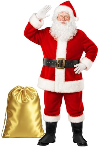 Gardentime Santa Claus Costume for Men Santa Suit Adults 10PCS Professional Deluxe Red Christmas Clause Outfit Cosplay