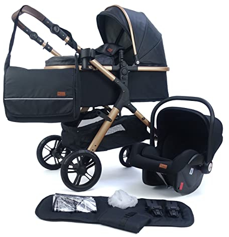 Pixini Nelio Kinderwagen Set 3in1 (gold/schwarz Kunstleder)