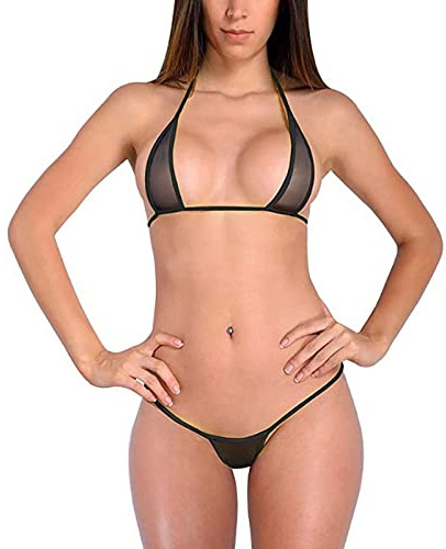 LinvMe Women's Sheer Mesh Micro Bikini G-String Thong One Size Black