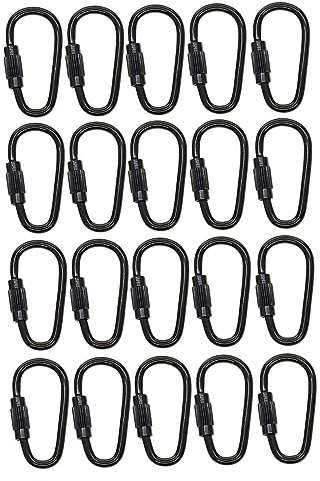 Oshhni 20 pièces Mini Mousqueton de Verrouillage à Vis Robuste pour la Pêche, Noir, Carabiner, Forme D, Acier, Mousqueton de Verrouillage à Vis, EDC, Randonnée, Camping, Pêche