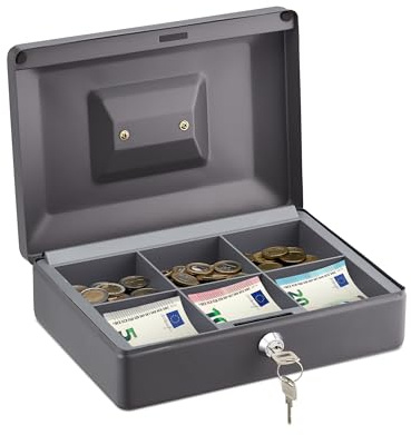 Relaxdays Geldkassette, abschließbar, Eisen, 2 Schlüssel, Kleingeld & Scheine, HxBxT: 9 x 25 x 18 cm, Kassa, grau