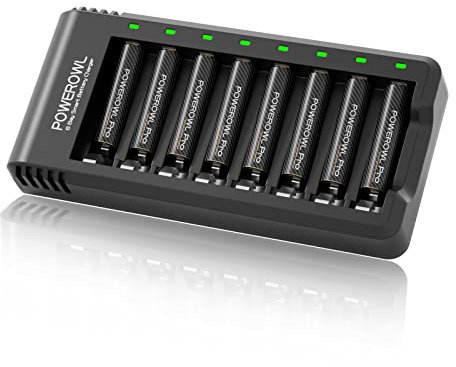 POWEROWL Goldtop Pilas Recargables AAA Pro con Cargador, 8 Bahías Cargador Pilas con LED, Alta Capacidad 1100mAh AAA Pilas Recargables 1.2V Ni-MH(8 Piezas)