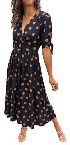 CreoQIJI Vestido elegante para mujer Vestidos de verano para mujer 2024 Vestido envolvente con cuello en V, manga corta, cintura alta, mini vestido fluido de línea A con lunares vestido de punto de