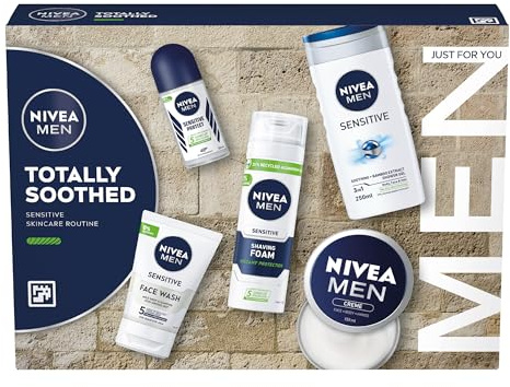 NIVEA MEN Totally Soothed Gift Set (5 Products), Men's Skincare Gift Set with Shaving Foam, Shower Gel, Anti-Perspirant, Face Wash, and Moisturising Creme