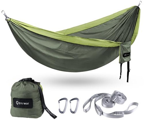 BTRWOR Hängematte Outdoor für 2 Personen | 300kg Traglast | Doppelhängematte mit Befestigungs-Set | Nylon Camping Reisehängematte | 290x170cm(Waldgrün)