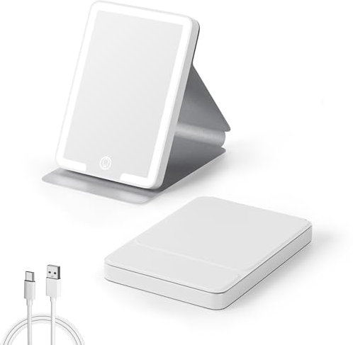 Kintion Travel Makeup Mirror, Rechargeable Compact Mirror with Light, Portable LED Pocket Mirror, Folding Vanity Mirror, 3 Color Modes Dimmable, Handbag Small Mirrors for Women Gift, White