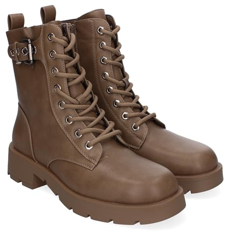 86702 Botines de Tacon para Mujer, Comodos y Elegantes, Detalle de Hebilla, con Suela Dentada, Punta Redonda, Cierre de Cordones y Cremallera Lateral, Ideales para Otono-Invierno. Kaki Talla 39