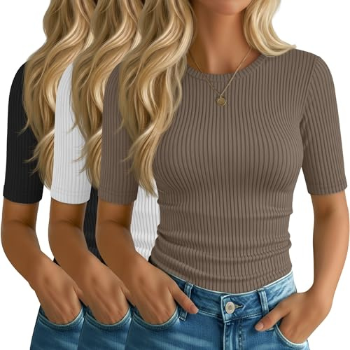 Riyiper – Lot de 3 Hauts pour Femme à Manches mi-Longues – T-Shirts d'été en Coton côtelé à col Rond – Coupe ajustée – Blouses décontractées(S,Noir, Blanc, Moka)