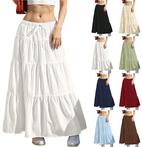 KUIH Long Skirts for Women Elastic High Waist Maxi Skirts Plain Loose Casual A Line Skirt Ladies Tiered Flowy Summer Skirt with Drawsting S-XXL White