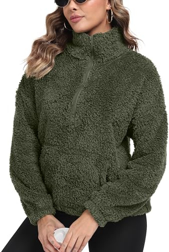 IWOLLENCE Damtröja vinter teddy jacka dam fleece gosig jacka sherpajacka varm sweatshirt utan huva troyer halv dragkedja tröja, Armégrön, XL