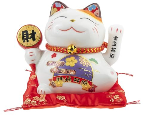 Lachineuse – Estatuilla de Gato Maneki Neko – Símbolo Fortune et Chance – Brazo móvil – Puerta de la Suerte Tradicional Japonesa – 12 x 14 x 10 cm – Porcelana – Blanco – Funciona con Pila LR03 no