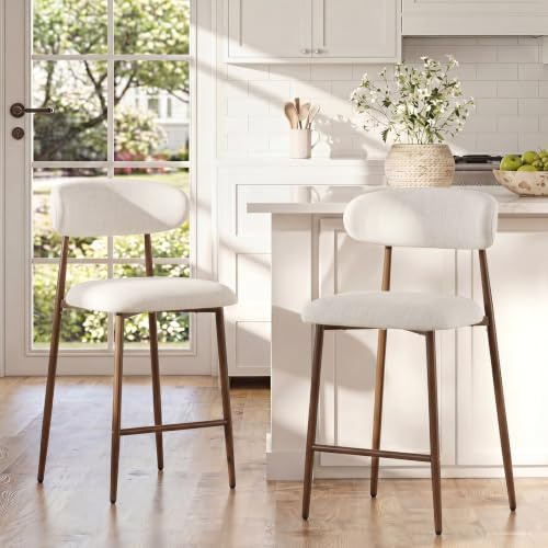 Ckaff Lot de 2 Tabouret de Bar, Chaise Bar Cuisine Haute 63.5cm, Tabourets de Comptoir en Lin avec Dossier et Cadre en Métal, Tabouret de Bistrot pour Cuisine Bar Salle à Manger Bureau, Beige