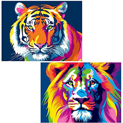5d Diamond Painting Diamantmålning Tiger & Lejon Full Borr Efter Nummer Kit, Ginfonr DIY Hantverk Strass Färg Med Diamanter Set Djur Konst Dekorationer (30x40cm, 2-pack)