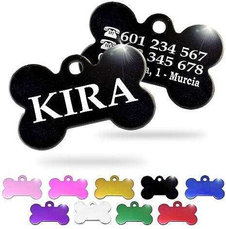 Ibera Gifts - Chapa Perro Grabada en Forma de Hueso, Placa Perro Personalizada para Perros y Gatos Pequeños y Medianos, Tamaño 30 x 20 mm, Chapa Identificativa Perro y Gato (Negra)