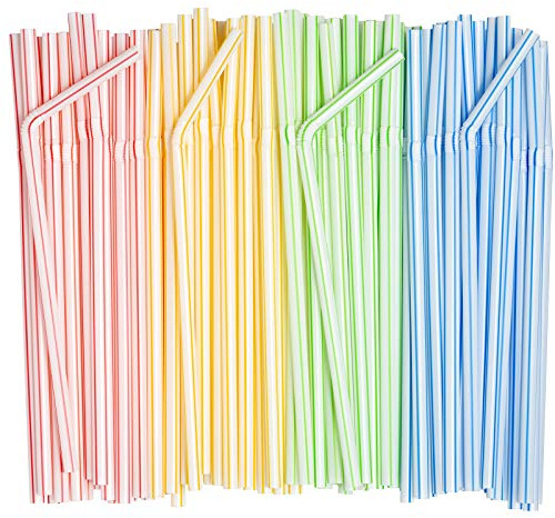 [200 Pack] Flexible Disposable Plastic Drinking Straws - 7.75High - Assorted Colors Striped