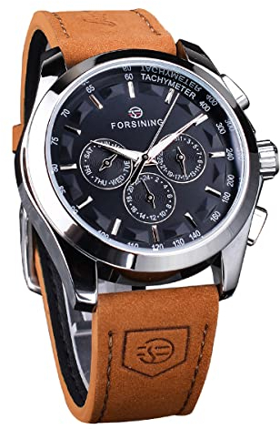 FORSINING Mechanische Armbanduhr Männer Automatische Selbstaufzug Militäruhr Echtes Lederband Wasserdicht Leuchtend Casual Business, Schwarz , Gurt